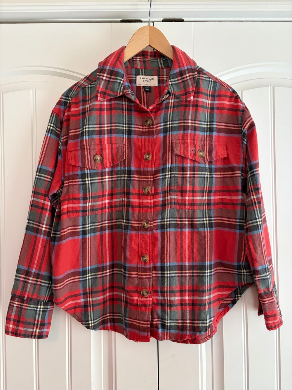 American Eagle‎ NWT Oversized Red Plaid Button Down Shirt Women's Size XXS